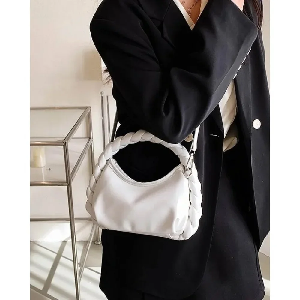 New Braided Handle Vegan Leather Hobo‎ Bag in White